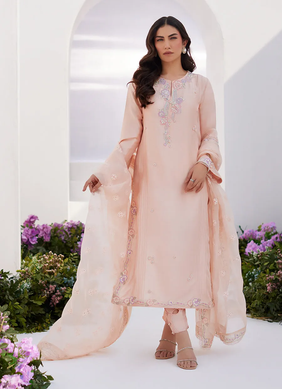 Elea Peach Embroidered Raw Silk Shirt and Dupatta