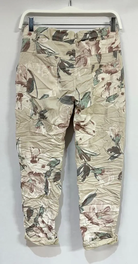 Estelle Beige Floral Print Crinkle Jogger