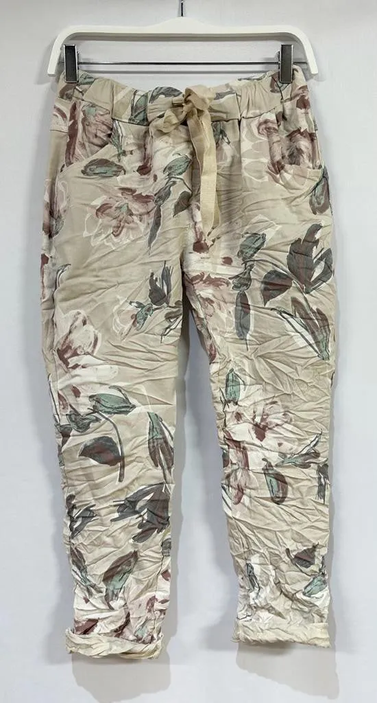 Estelle Beige Floral Print Crinkle Jogger