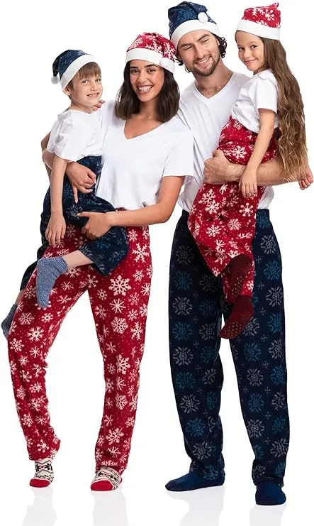 Family Christmas Pajama Pants with Santa Hat - Cozy Holiday Cheer in Plaid - Women Blue