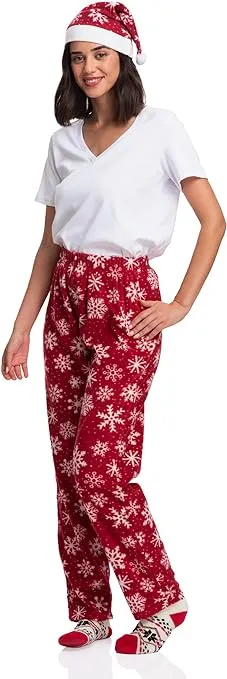 Family Christmas Pajama Pants with Santa Hat - Cozy Holiday Cheer in Plaid - Women Red