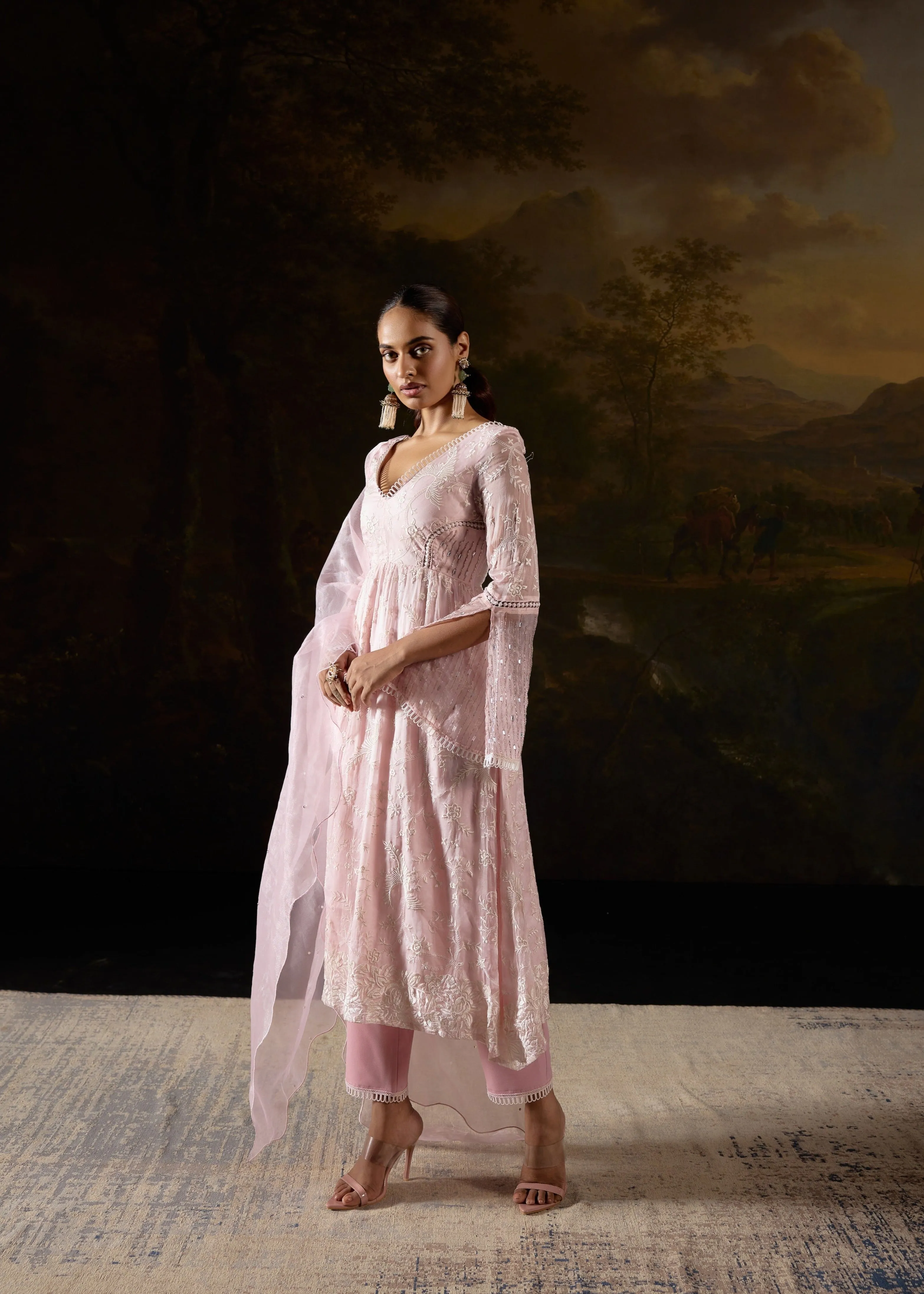 Fazeen Baby Pink Embroidered Organza Anarkali Kurta Set