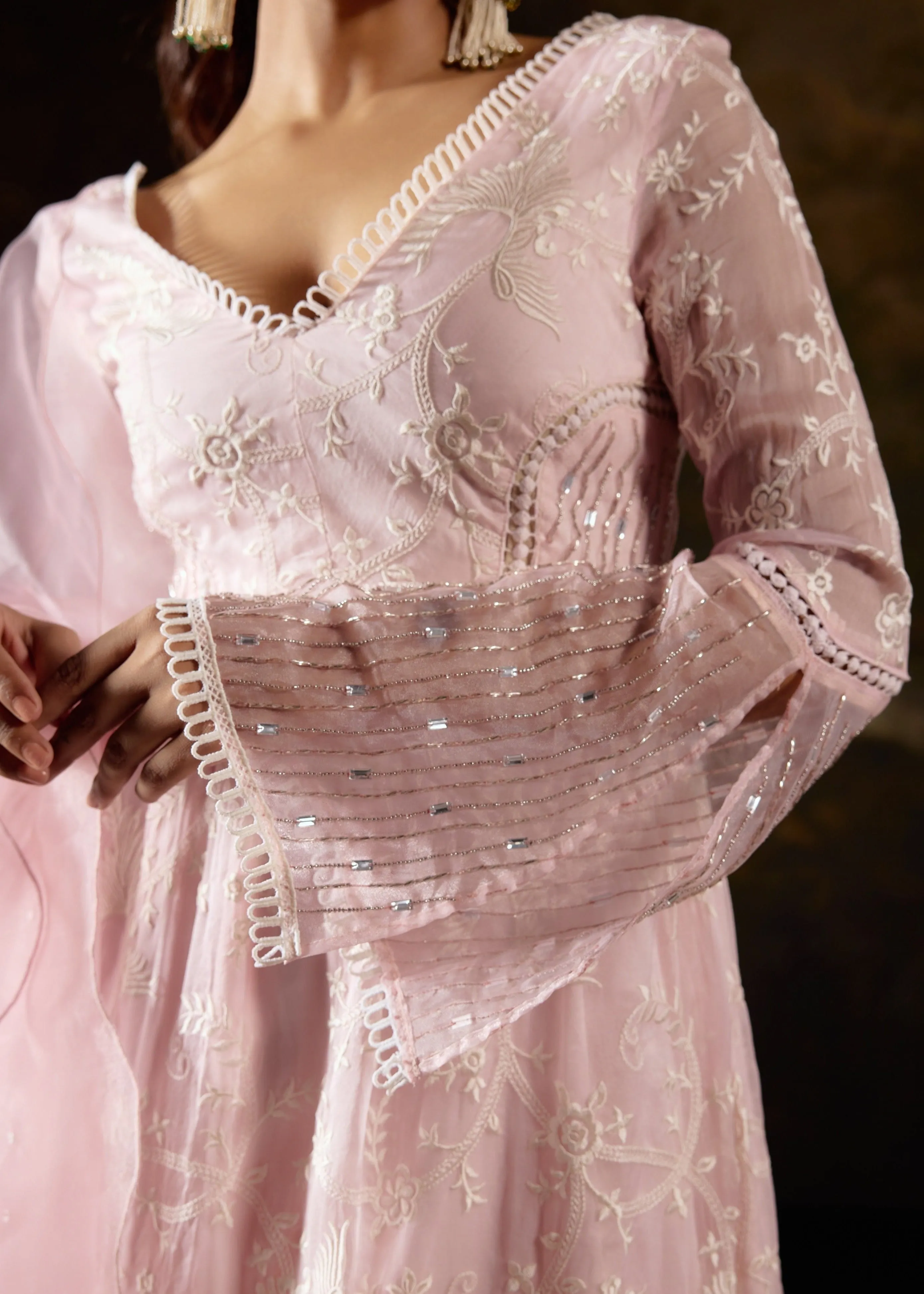 Fazeen Baby Pink Embroidered Organza Anarkali Kurta Set