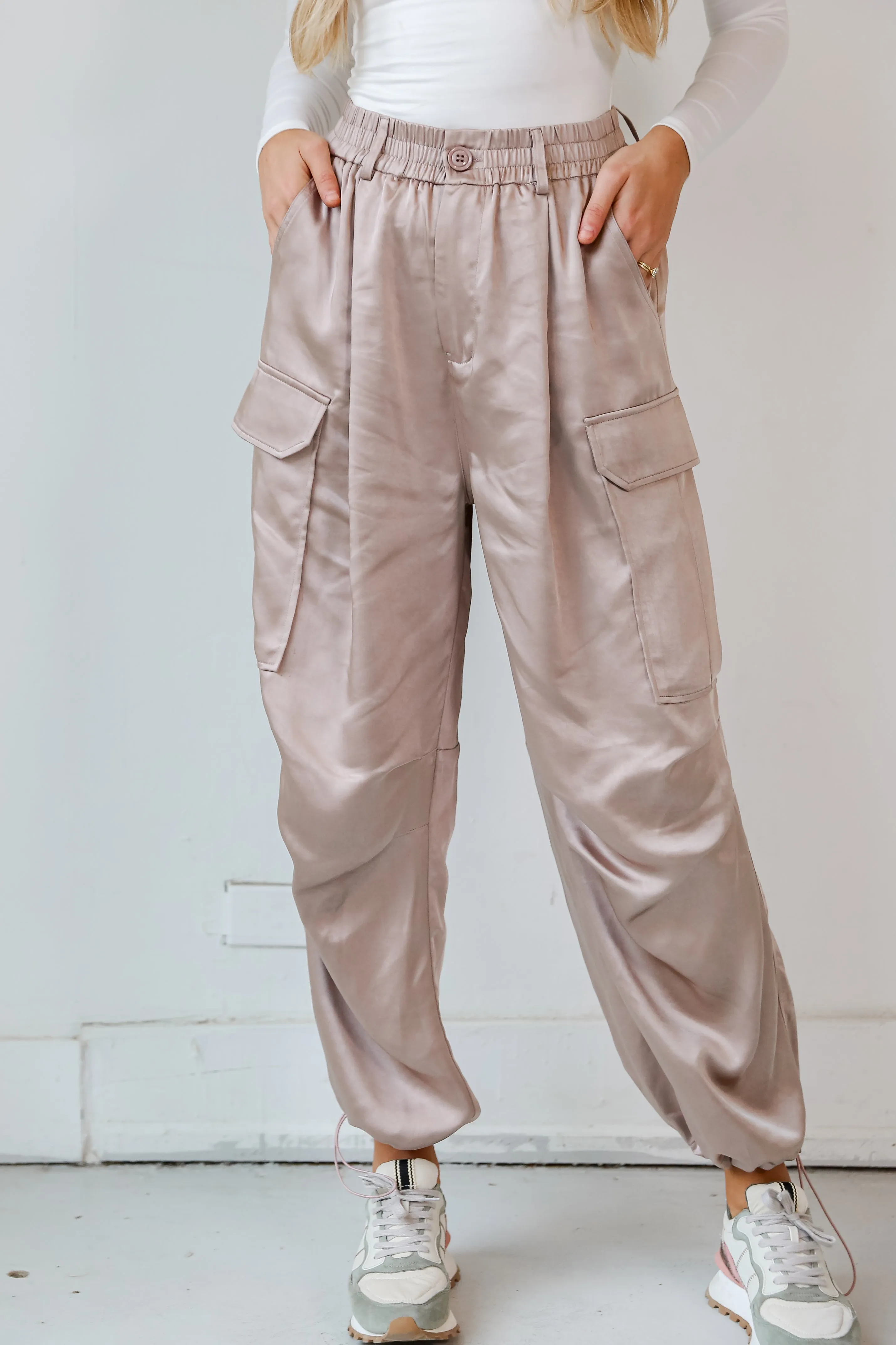 FINAL SALE - My Dream Come True Champagne Satin Cargo Pants