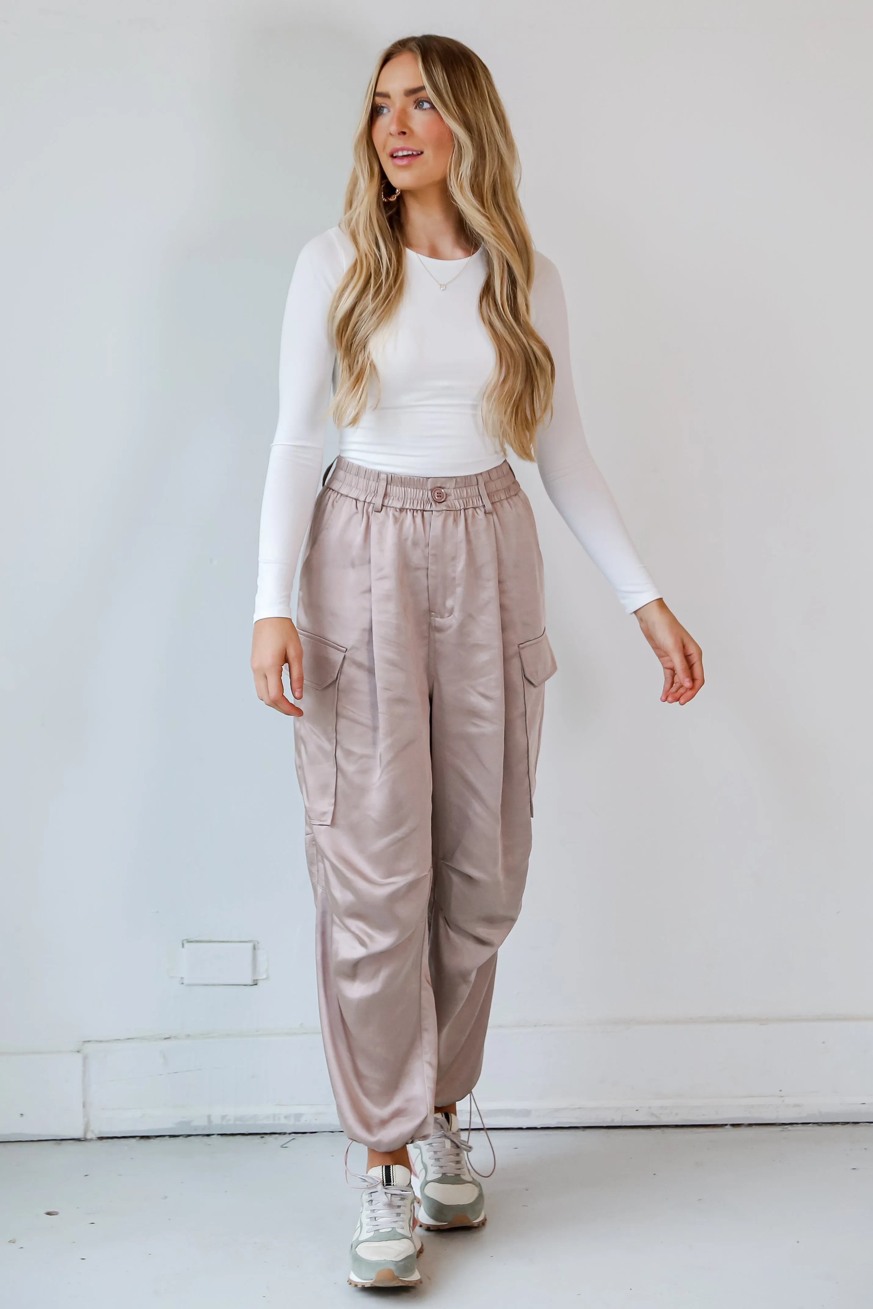 FINAL SALE - My Dream Come True Champagne Satin Cargo Pants