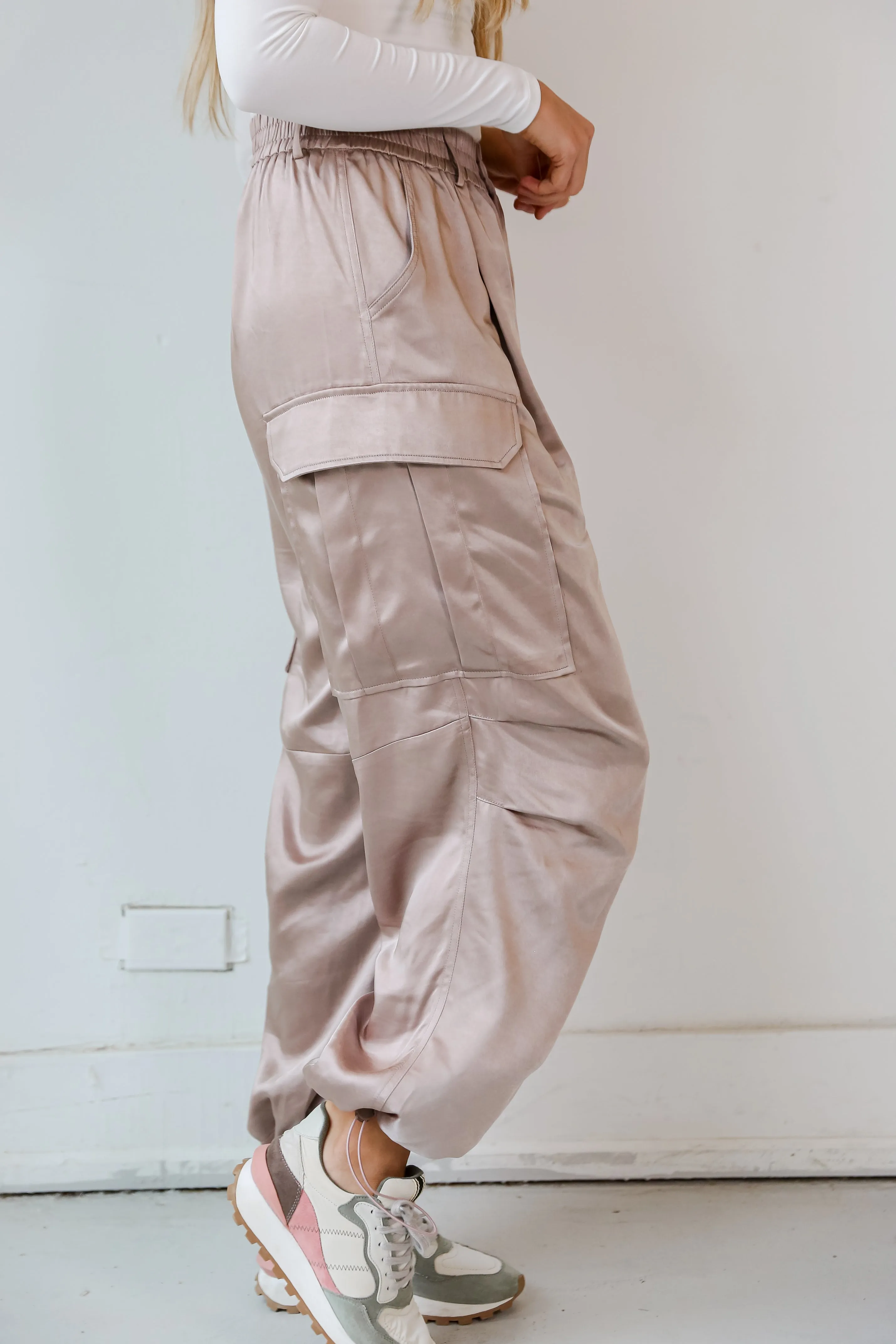 FINAL SALE - My Dream Come True Champagne Satin Cargo Pants