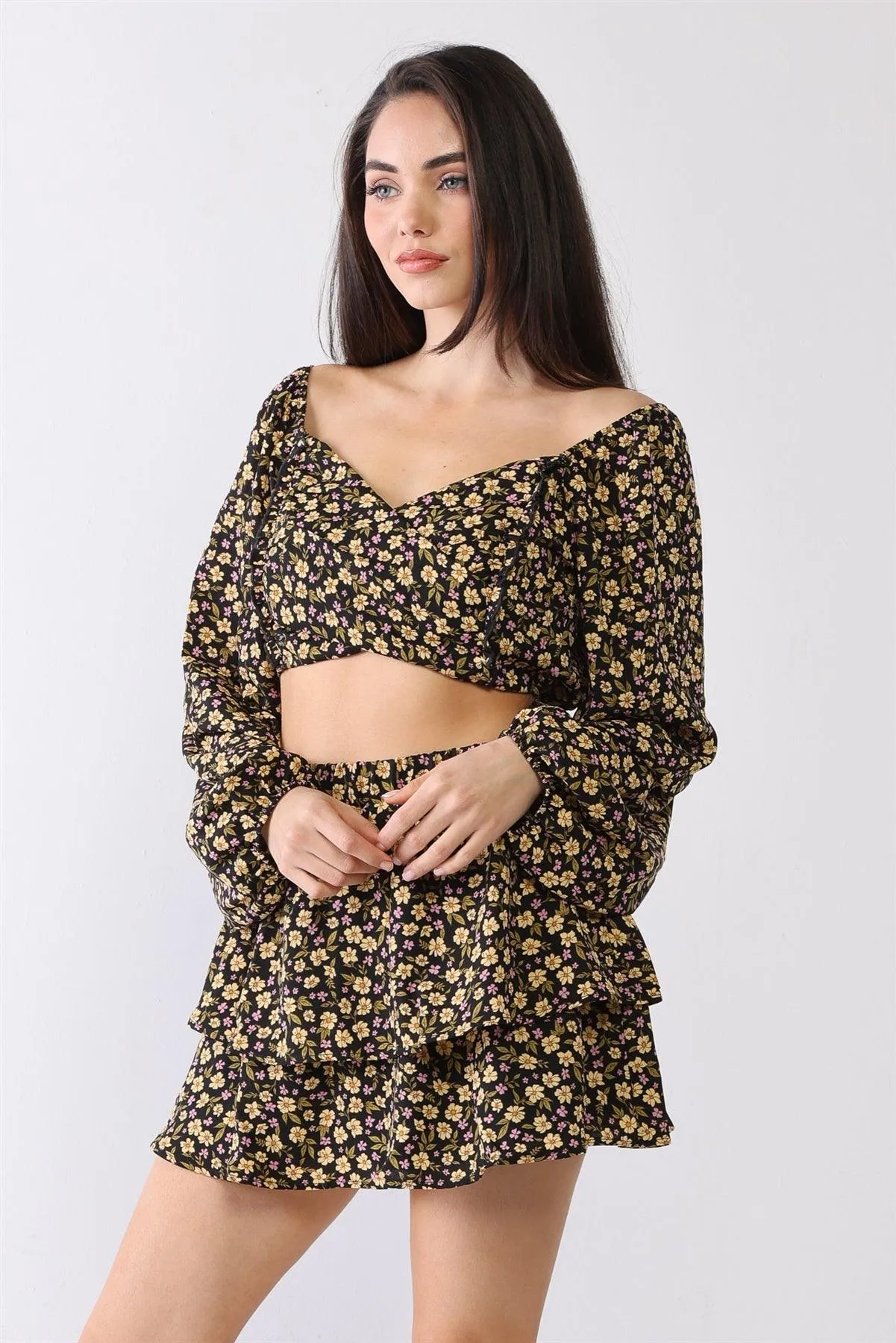 Floral Puff Balloon Long Sleeve Layered Skirt Set