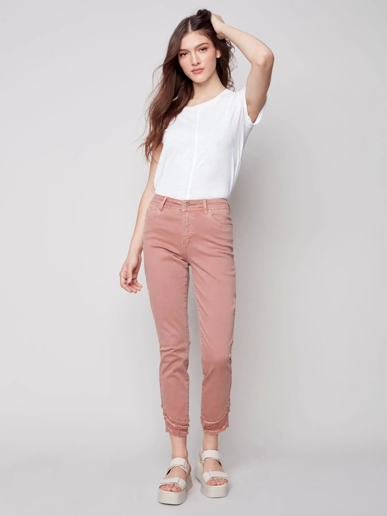 FRAYED HEM DENIM PANTS