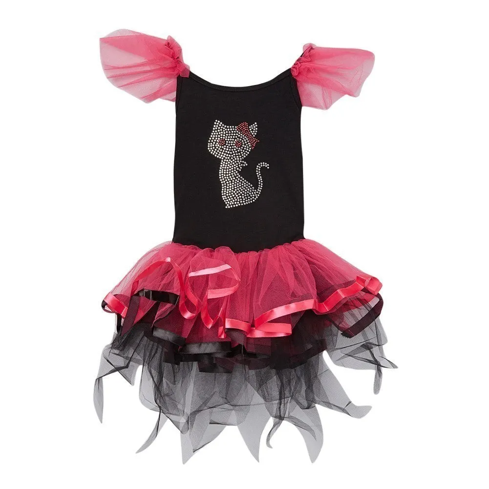 Girls Hot Pink Black Rhinestone Cat Tutu Halloween Dress 12M-7