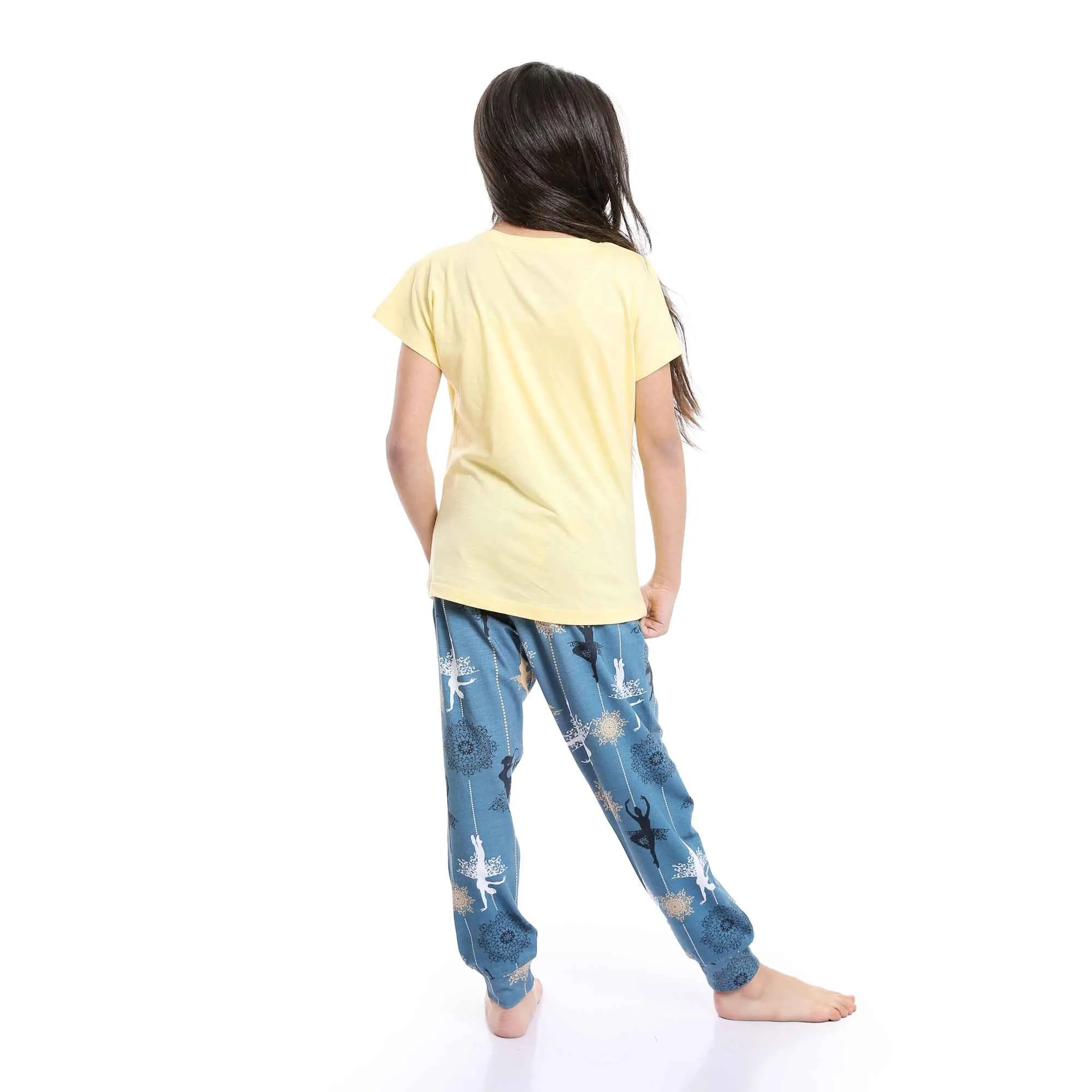 Girls Printed Ballerina Tee & Pants Pajama Set - Yellow & Steel Blue