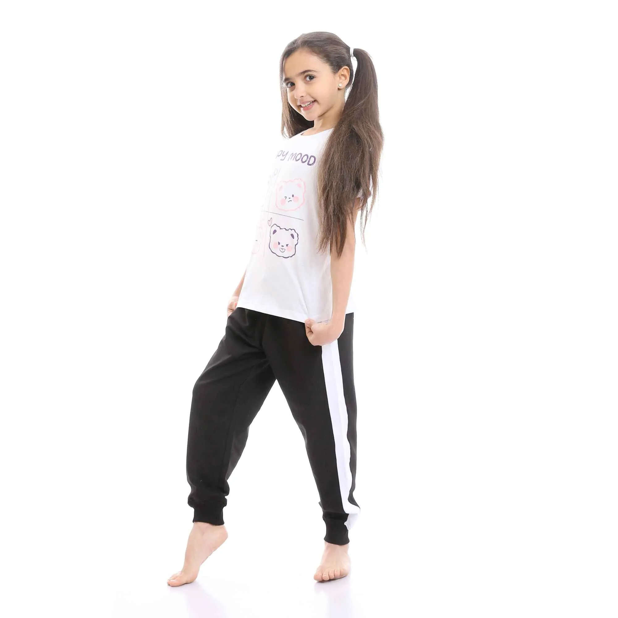 Girls Simon Printed Happy Mood Tee & Black Pants Pajama Set