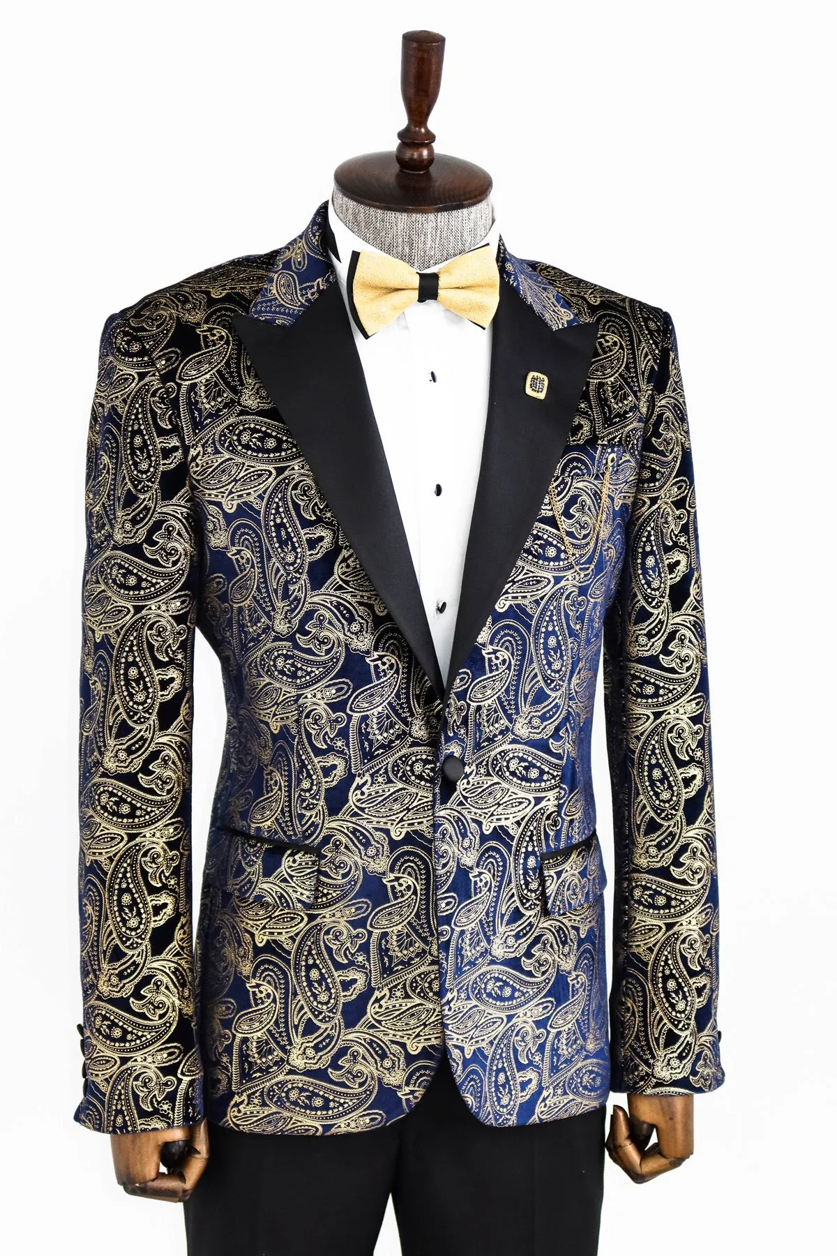 Gold Blue Patterned Over Navy Blue Men Tuxedo Blazer - Wessi