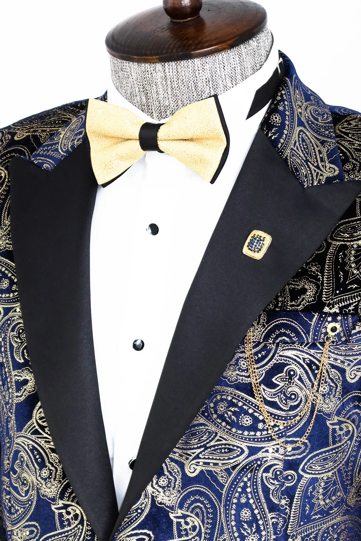 Gold Blue Patterned Over Navy Blue Men Tuxedo Blazer - Wessi