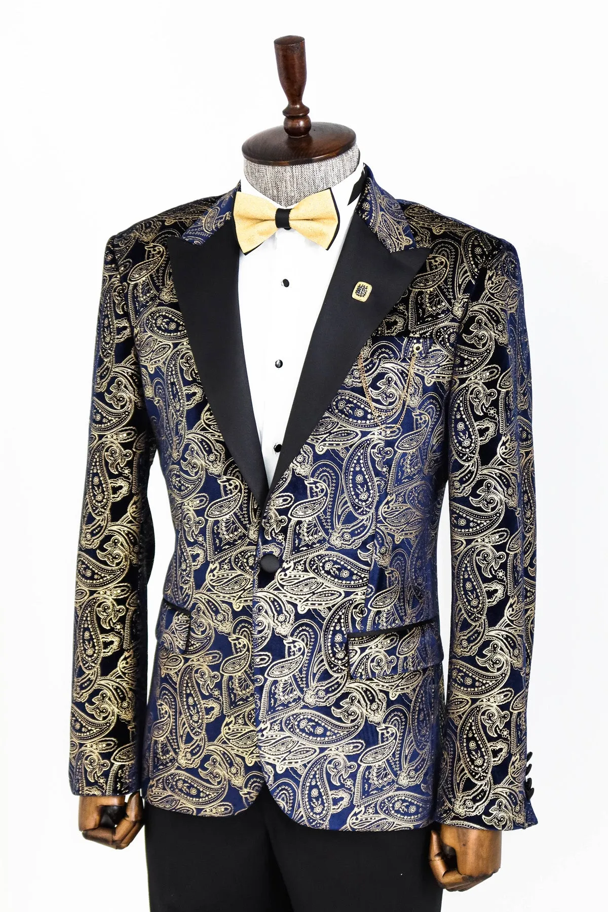 Gold Blue Patterned Over Navy Blue Men Tuxedo Blazer - Wessi