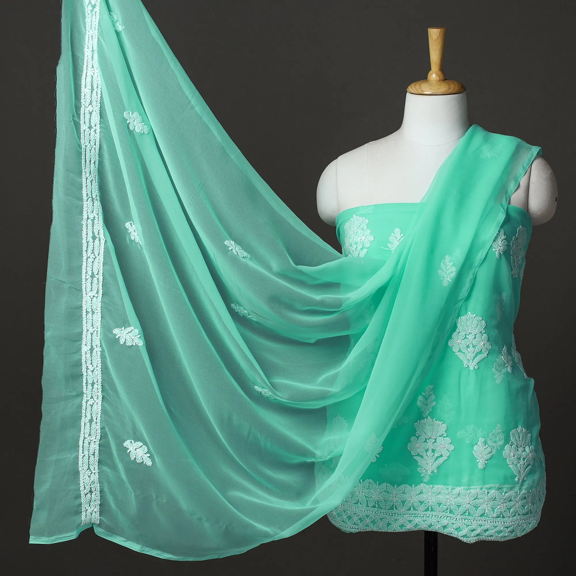 Green - 3pc Lucknow Chikankari Hand Embroidery Georgette Suit Material Set 04