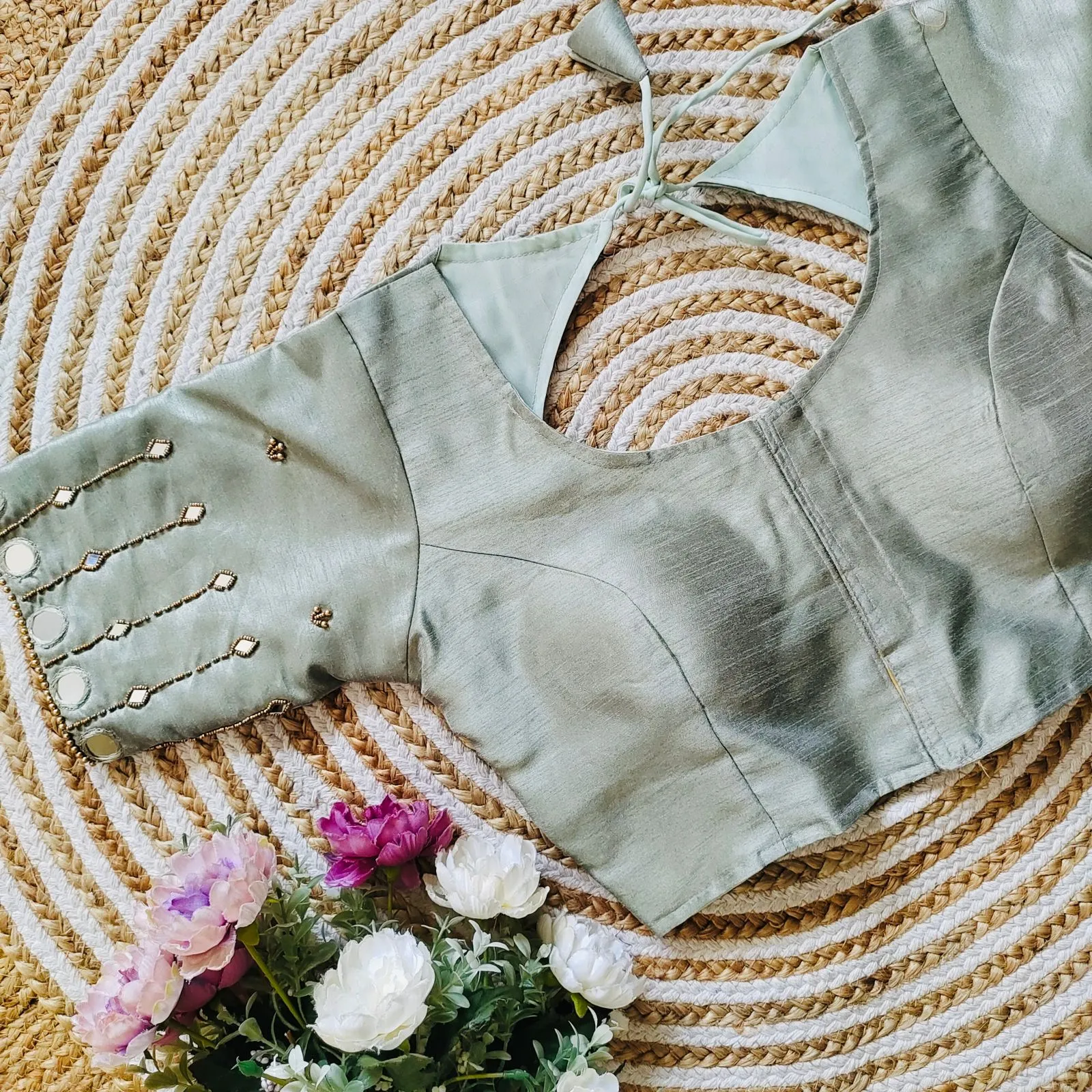 Grey Russian Silk Blouse with Mirror and Pearl Embellishments