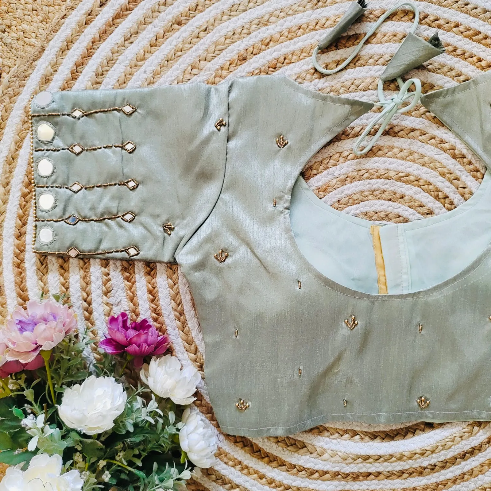 Grey Russian Silk Blouse with Mirror and Pearl Embellishments