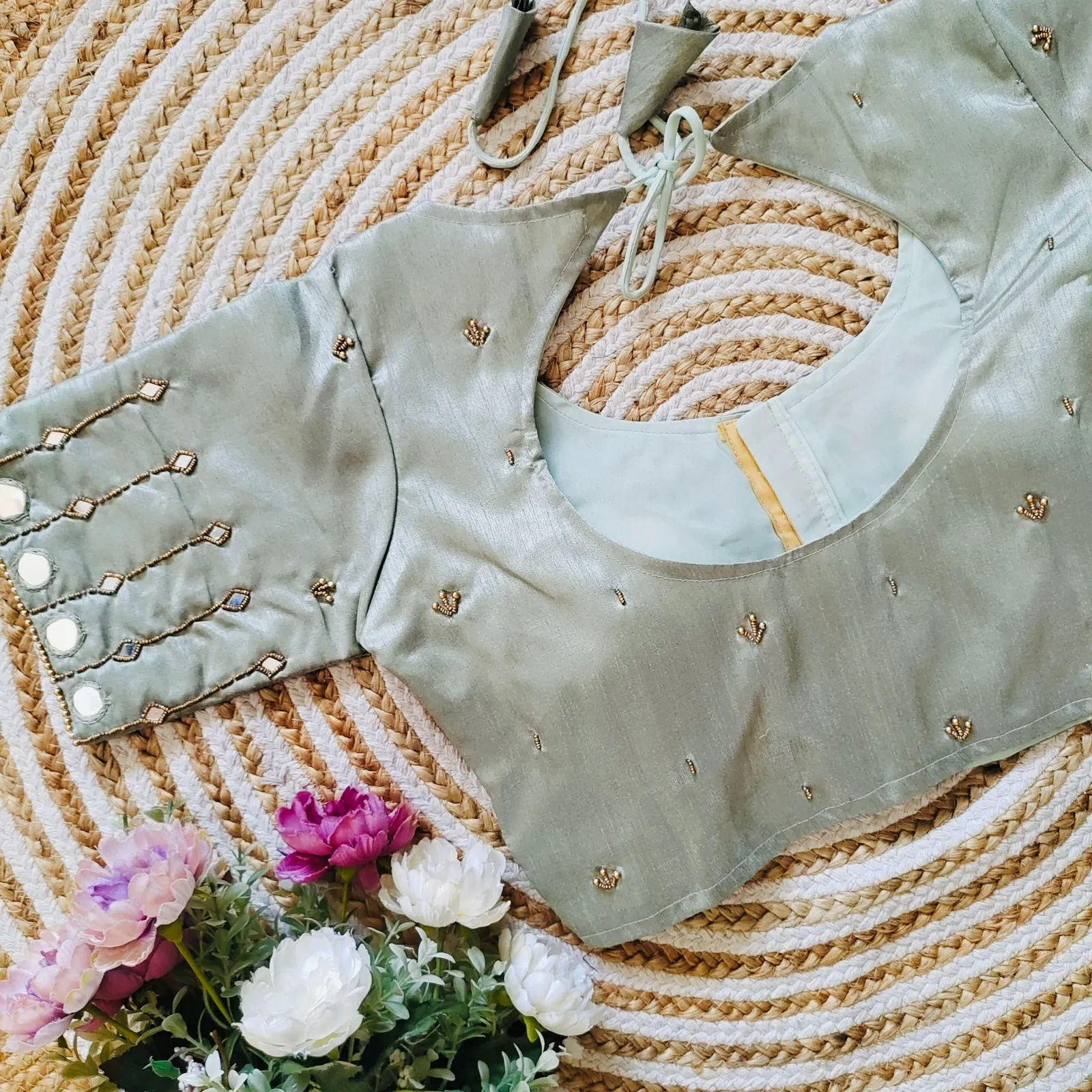 Grey Russian Silk Blouse with Mirror and Pearl Embellishments