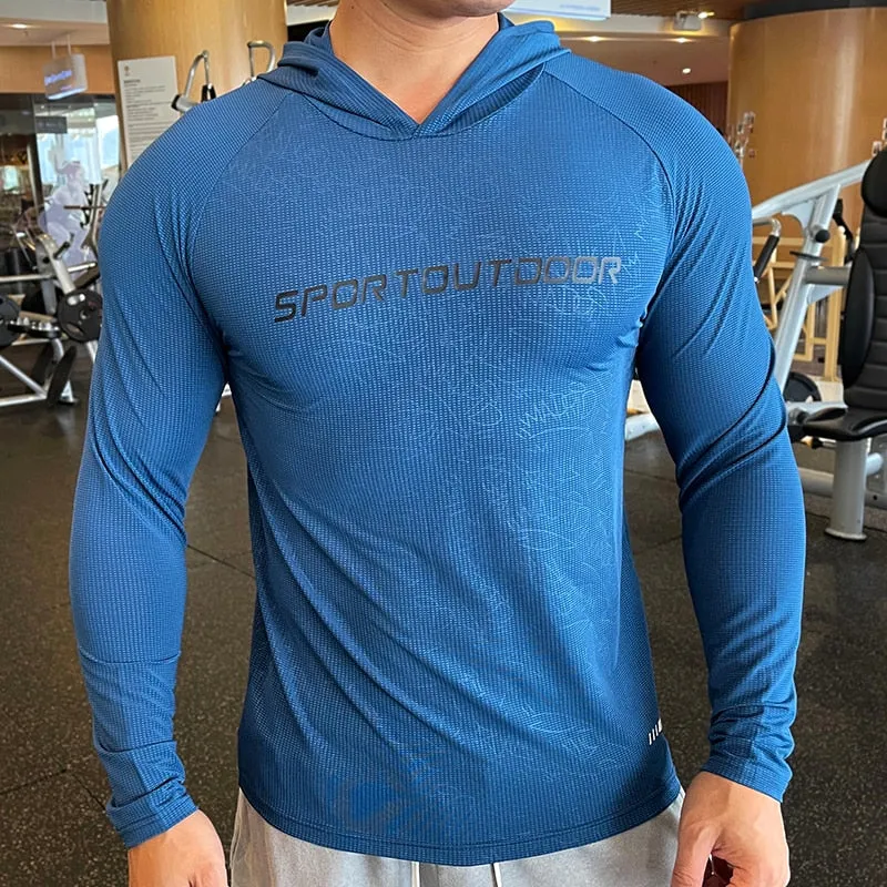 Gym Men T Shirt Casual Long Sleeve Slim Tops Tees Elastic T-shirt Sports Fitness Thin Comfort Breathable Quick Dry Hooded