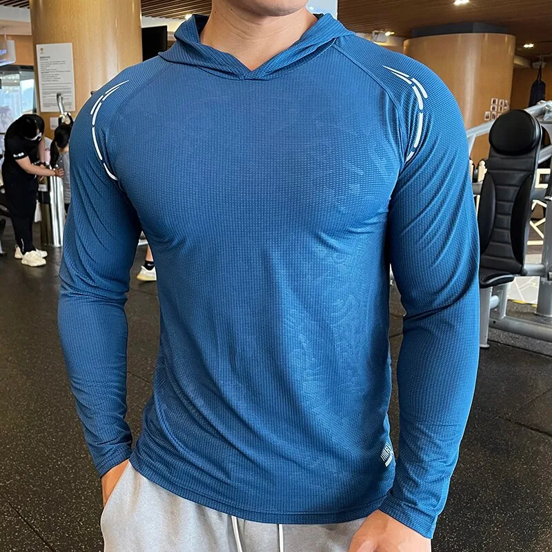 Gym Men T Shirt Casual Long Sleeve Slim Tops Tees Elastic T-shirt Sports Fitness Thin Comfort Breathable Quick Dry Hooded