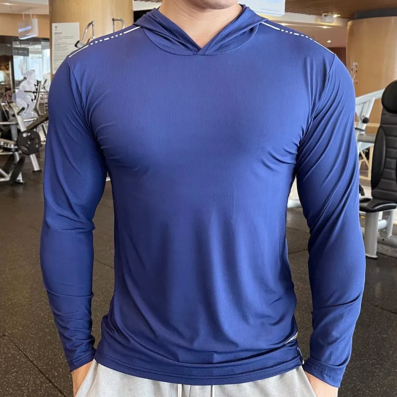 Gym Men T Shirt Casual Long Sleeve Slim Tops Tees Elastic T-shirt Sports Fitness Thin Comfort Breathable Quick Dry Hooded