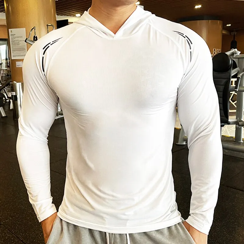 Gym Men T Shirt Casual Long Sleeve Slim Tops Tees Elastic T-shirt Sports Fitness Thin Comfort Breathable Quick Dry Hooded