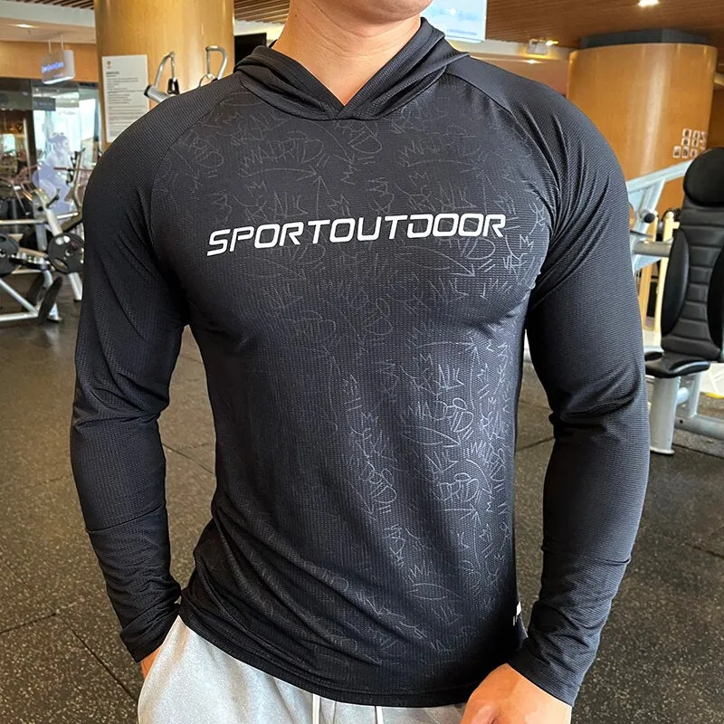 Gym Men T Shirt Casual Long Sleeve Slim Tops Tees Elastic T-shirt Sports Fitness Thin Comfort Breathable Quick Dry Hooded