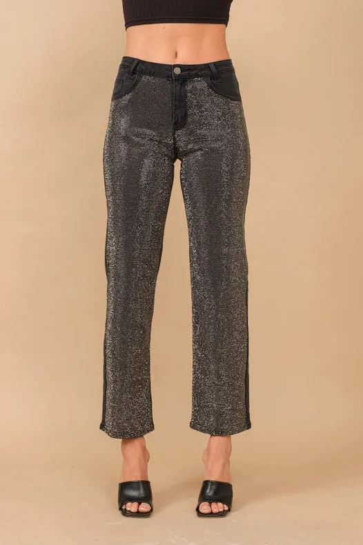 High Rise Rhinestone Suds At Front Denim Jeans Black