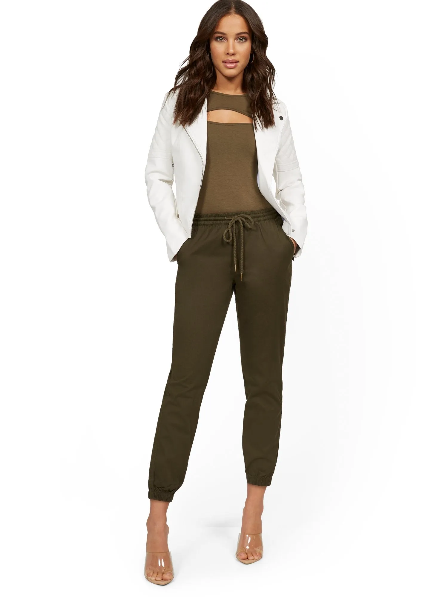 High-Waisted Denim Drawstring Jogger Pant - Green