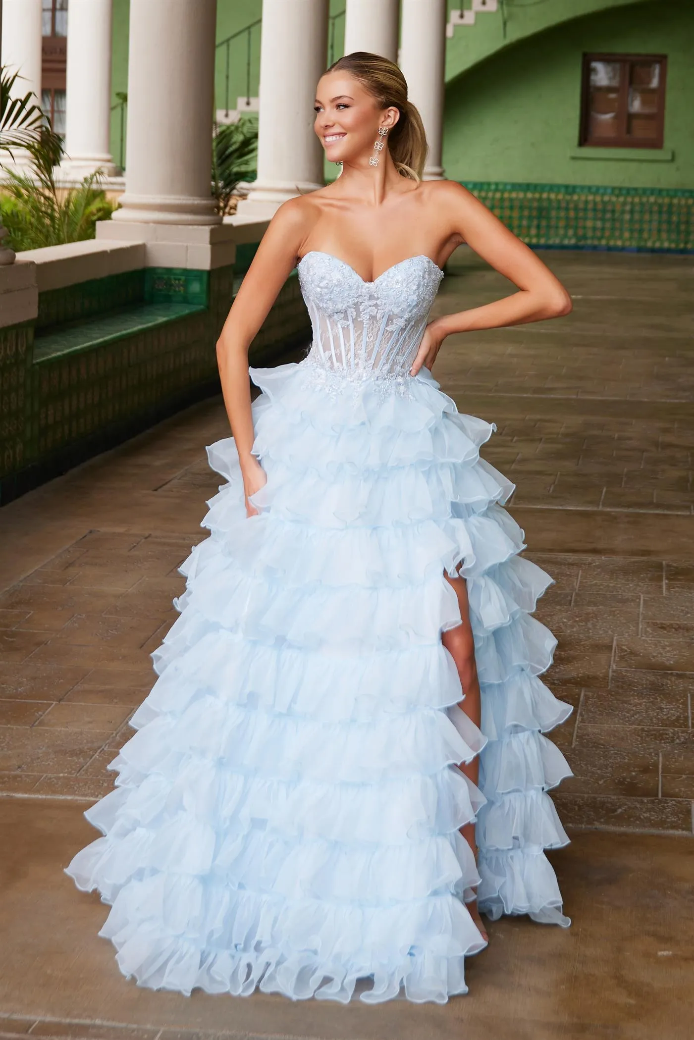 IRMA Strapless Tulle Layered Ruffle Prom & Formal Dress