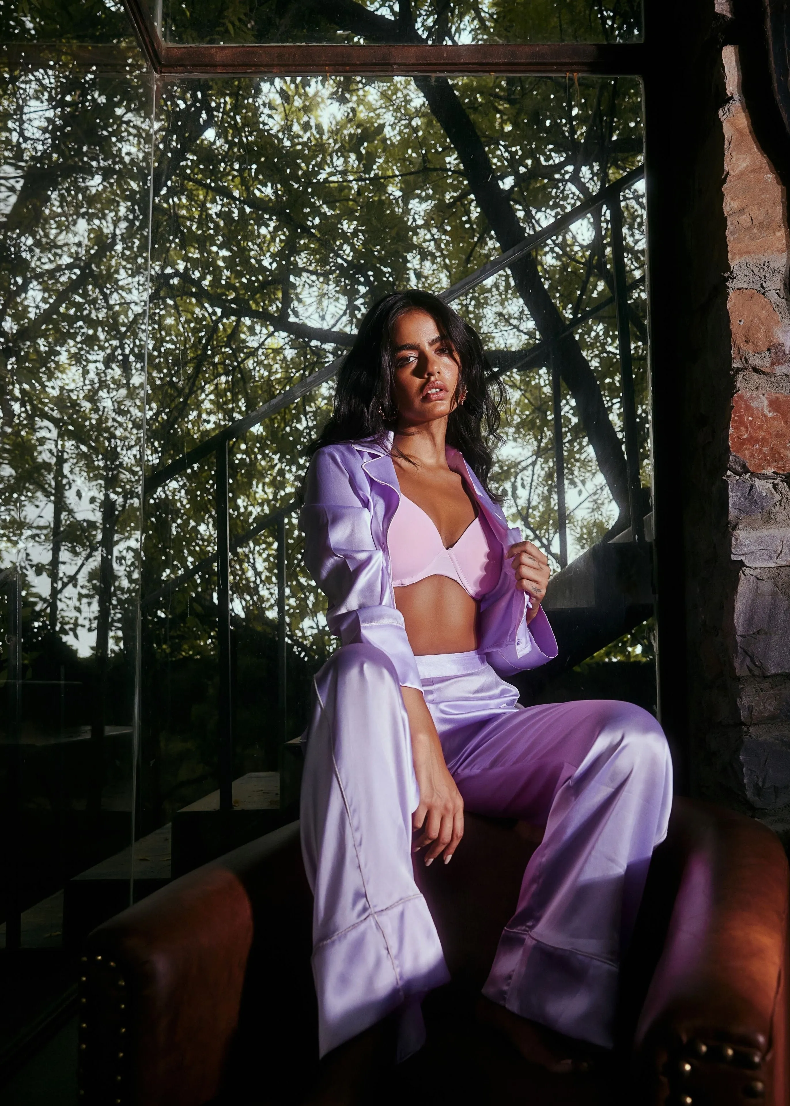 Josie Lavender Satin Shirt   Pyjama Pants Lounge Set