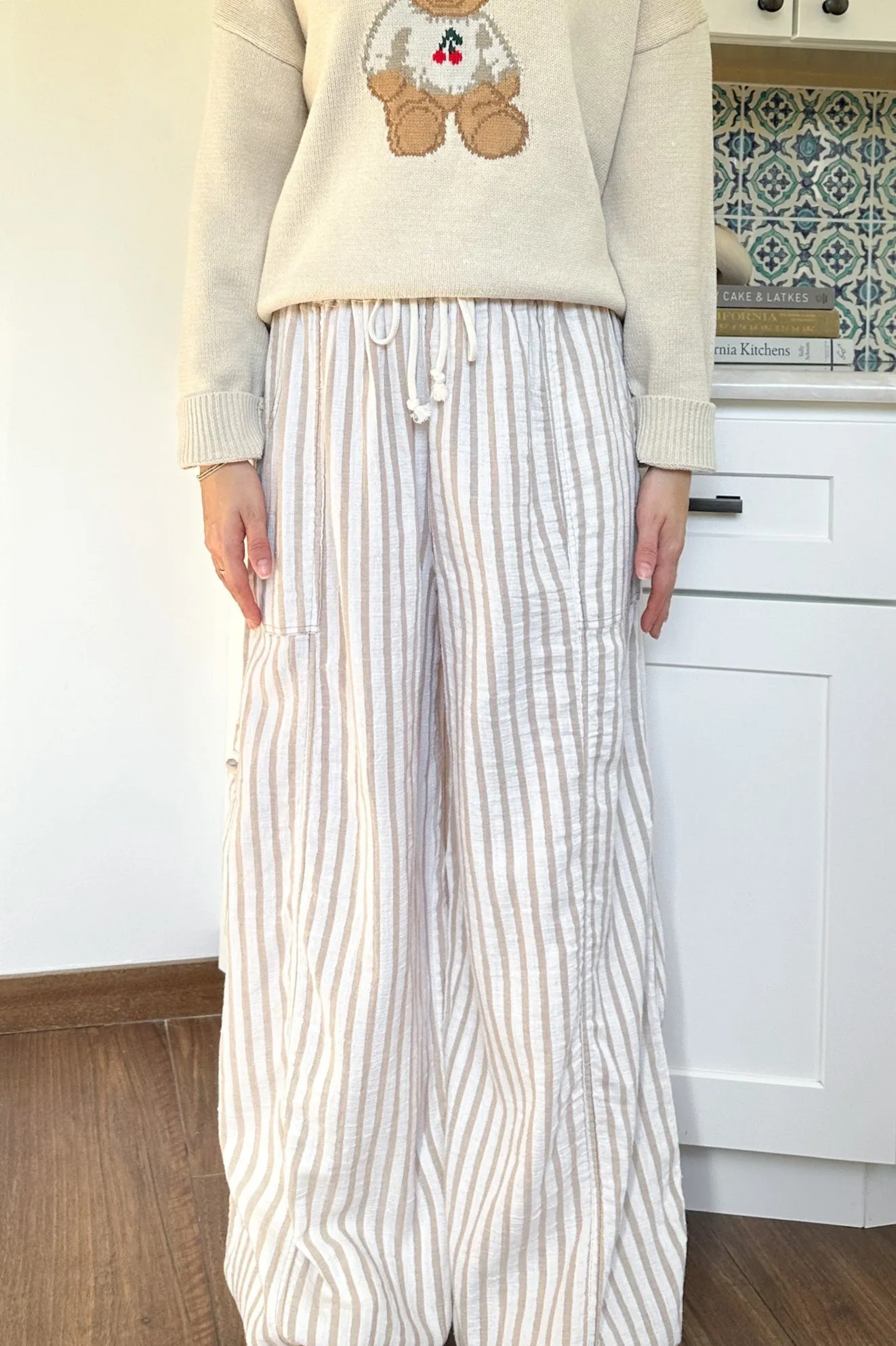 Josie Relaxed Striped Cotton Trousers in Taupe