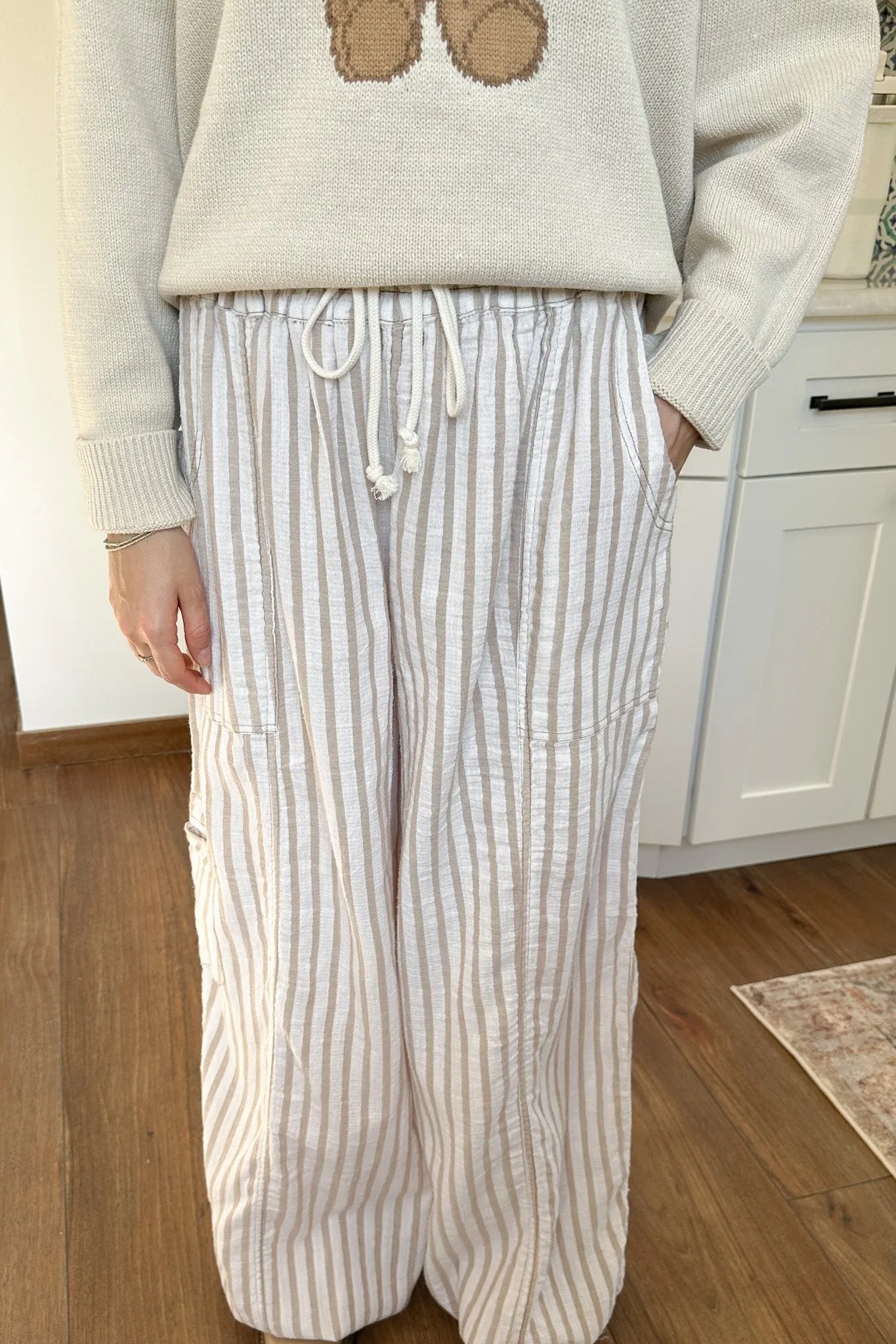 Josie Relaxed Striped Cotton Trousers in Taupe