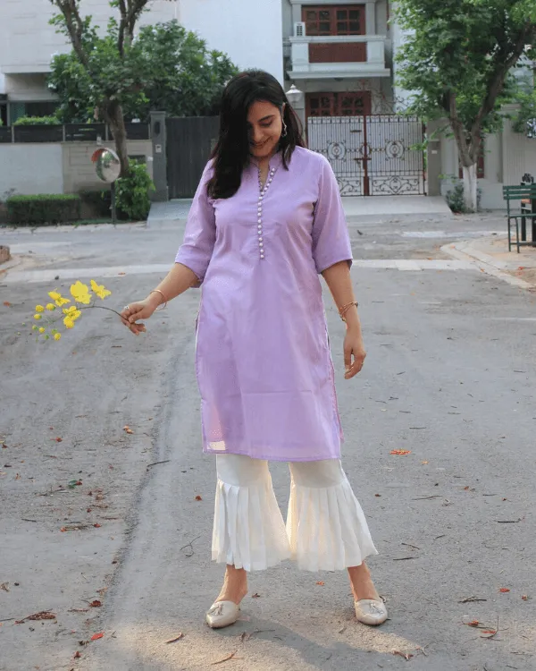 Lavender Pearl Kurta & White Pleated Bottoms - Set of 2