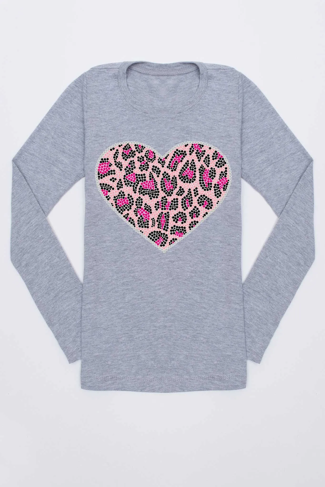 Leopard Heart Grey Trendy Long Sleeve Tee - Girls