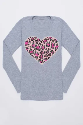 Leopard Heart Grey Trendy Long Sleeve Tee - Girls