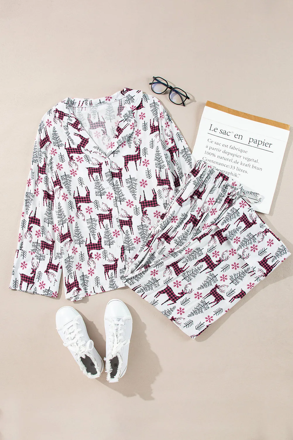 Light Grey Christmas Printed Shirt and Pants Pajama Set