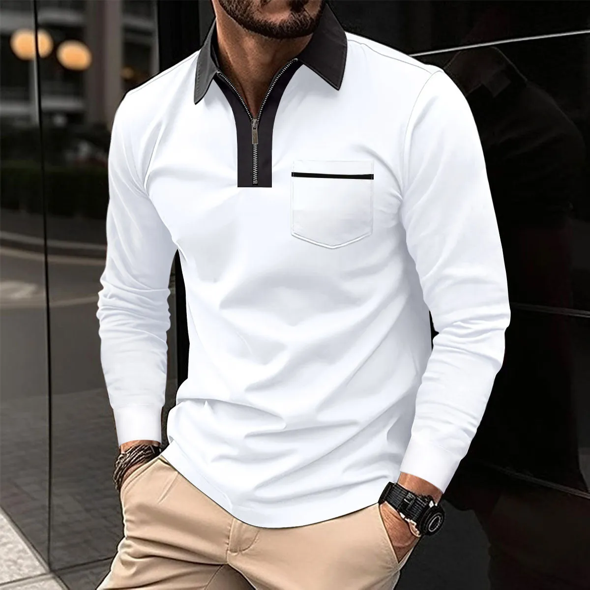 Long Sleeve Lapel Fashion Slim Pocket Long Sleeve T-shirt