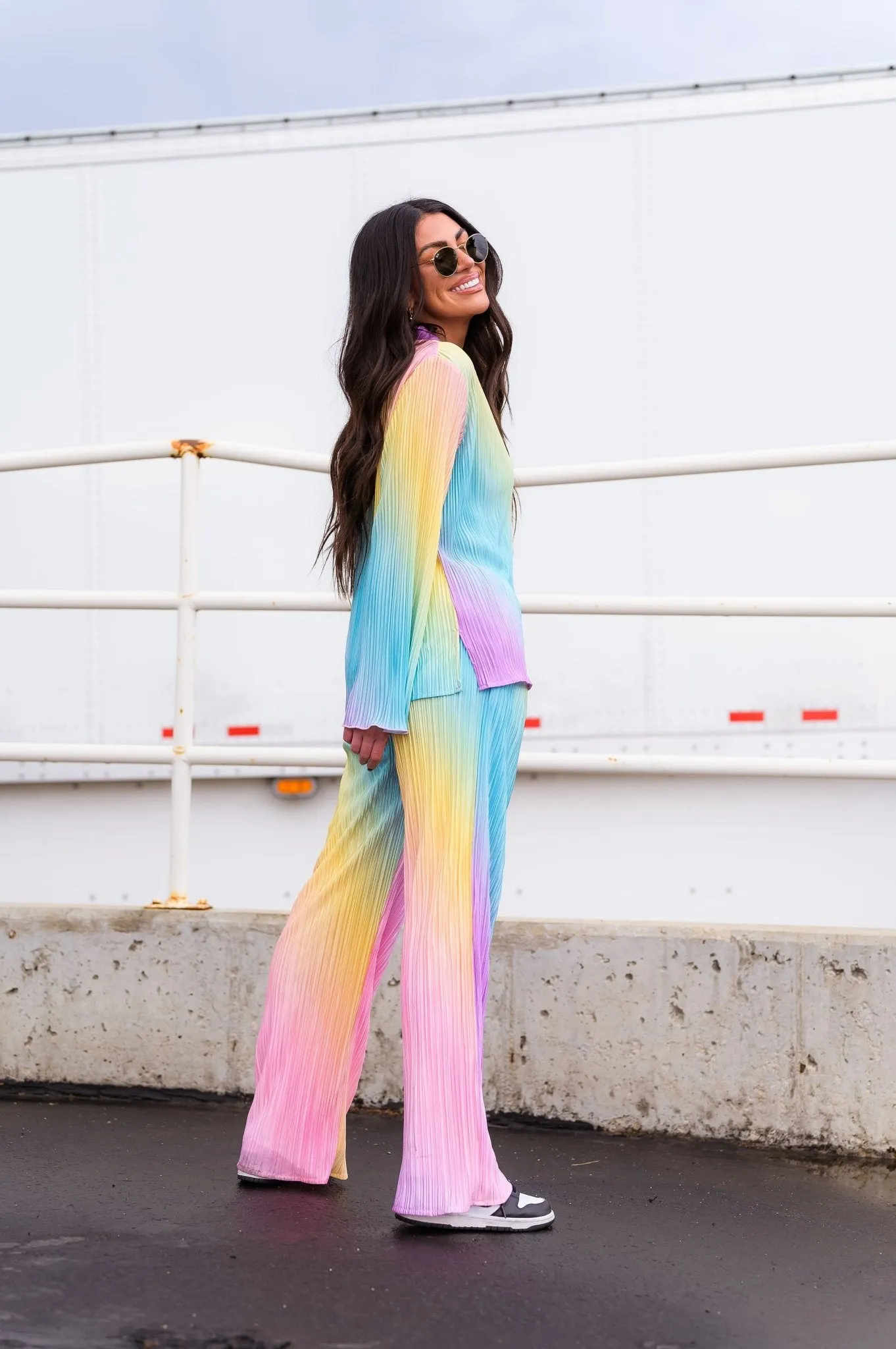 Long Sleeve Plissé Set in Rainbow Daydream