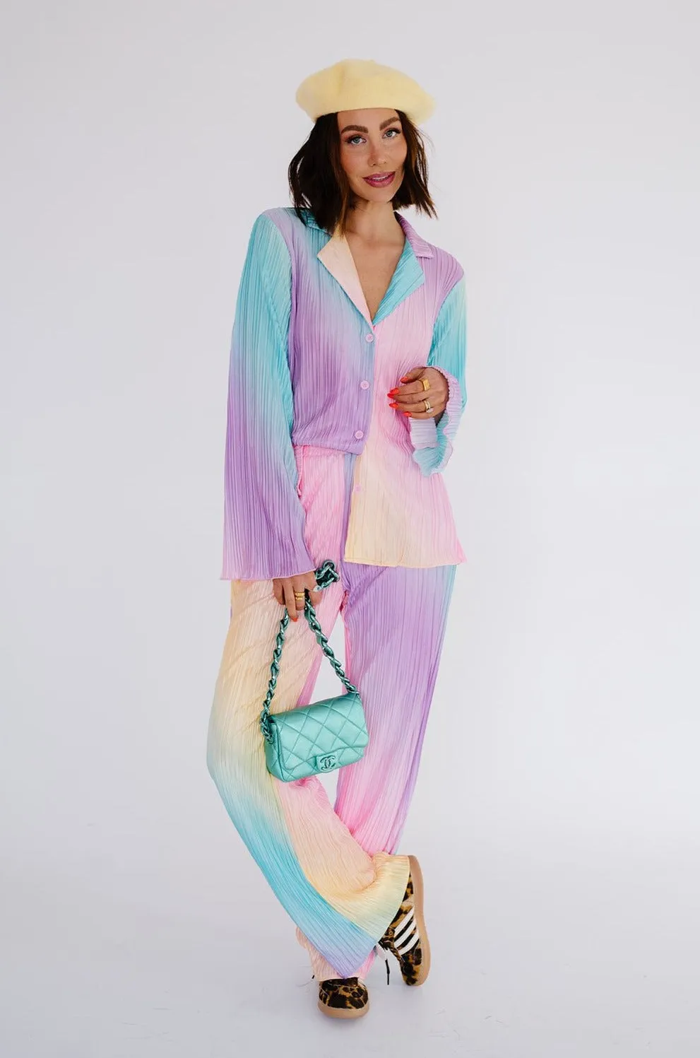 Long Sleeve Plissé Set in Rainbow Daydream