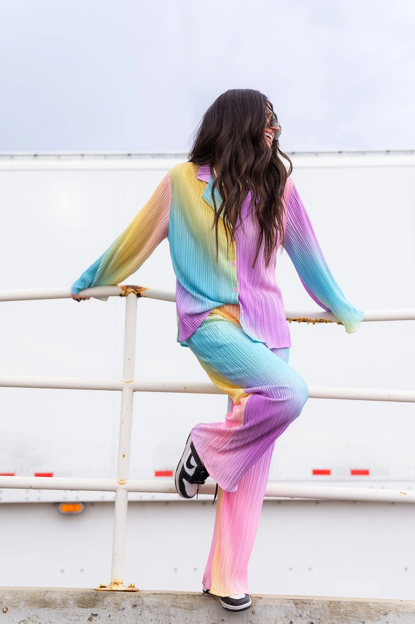 Long Sleeve Plissé Set in Rainbow Daydream