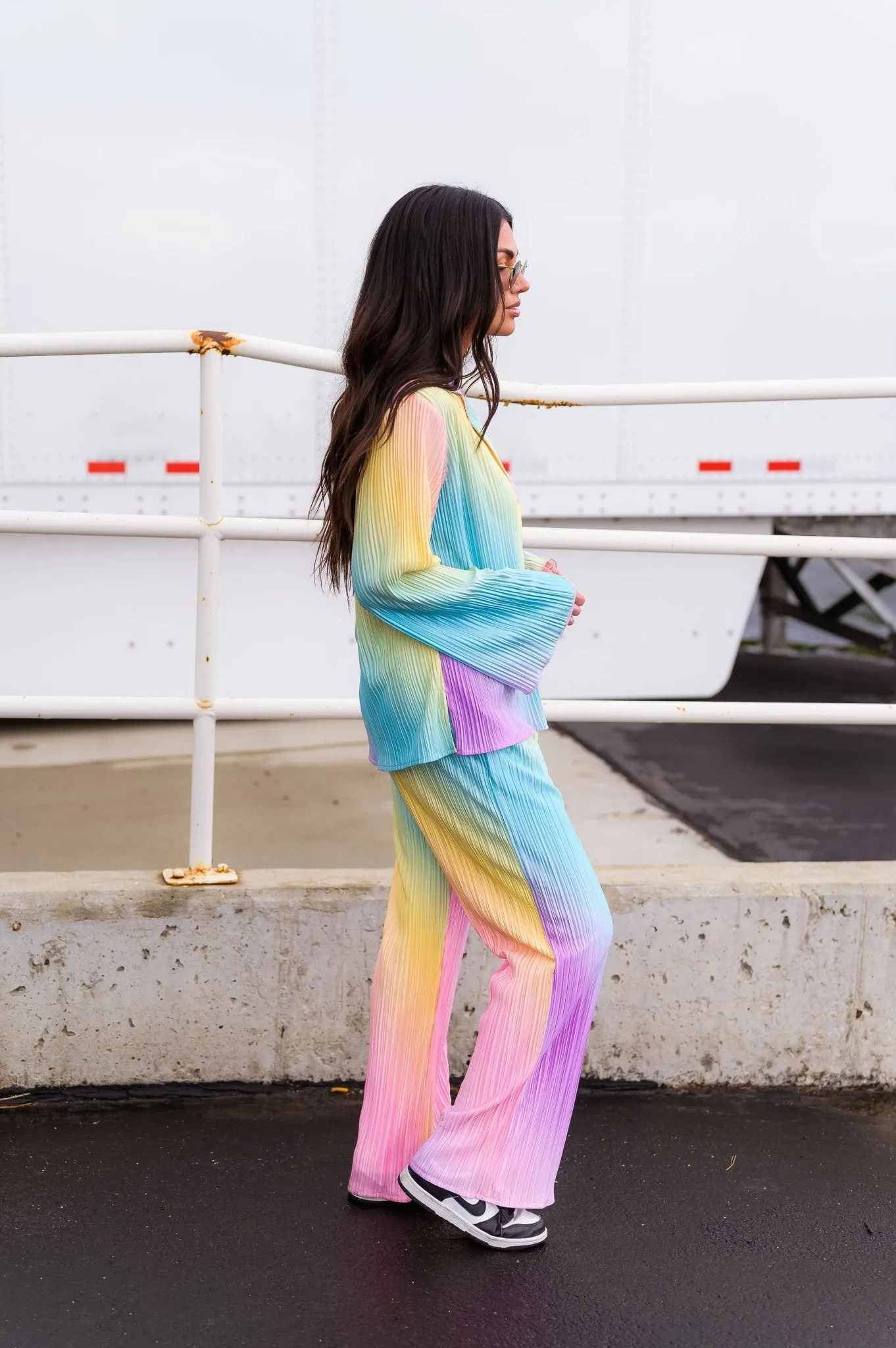 Long Sleeve Plissé Set in Rainbow Daydream