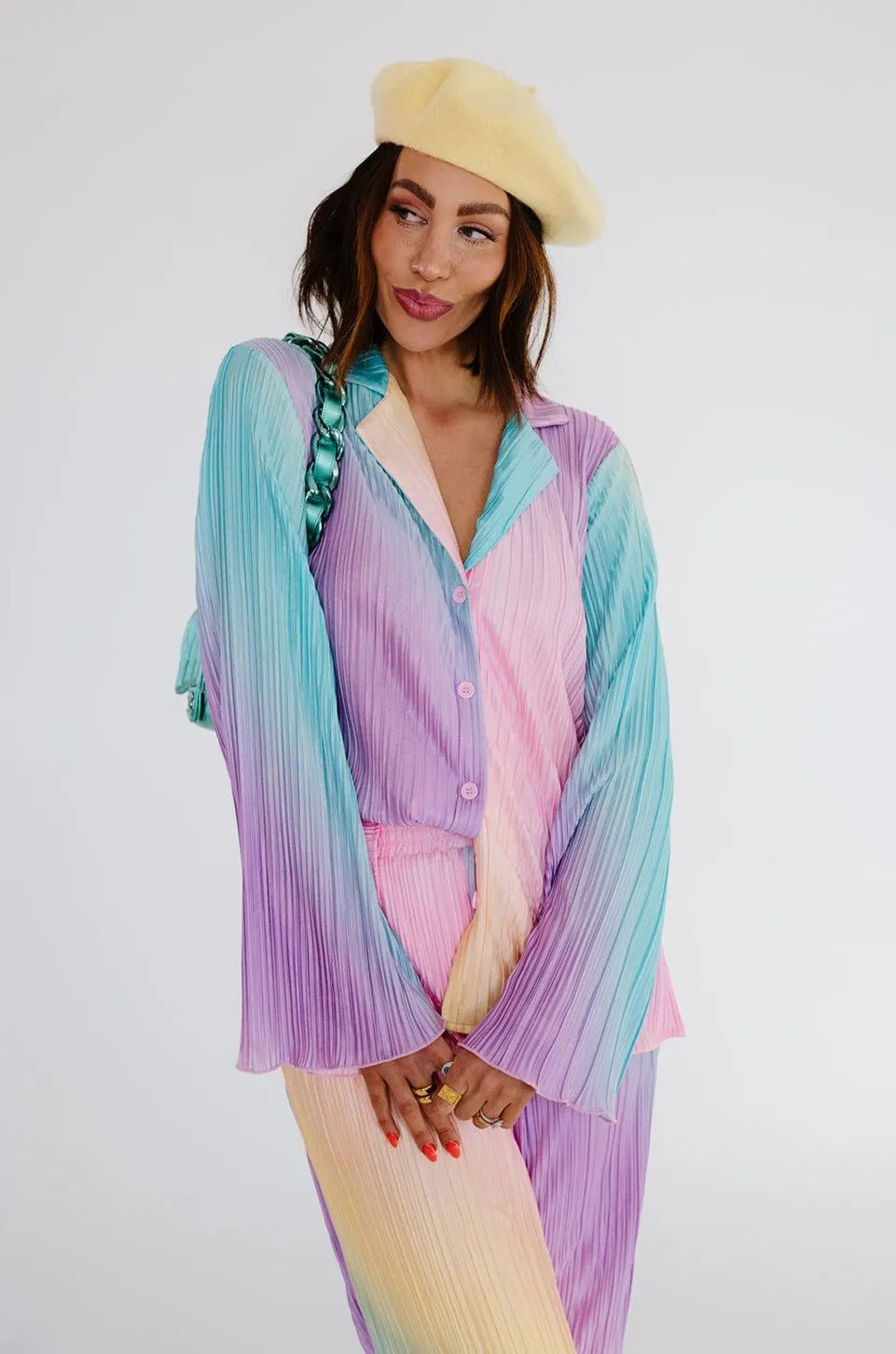 Long Sleeve Plissé Set in Rainbow Daydream