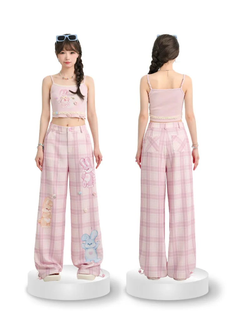 Lovely Bunny Sweet Pink Plaid Wide Leg Straight Pants