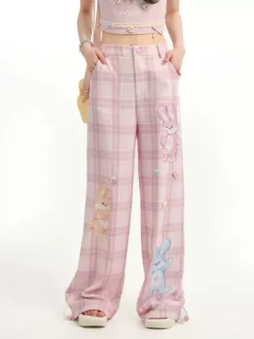 Lovely Bunny Sweet Pink Plaid Wide Leg Straight Pants