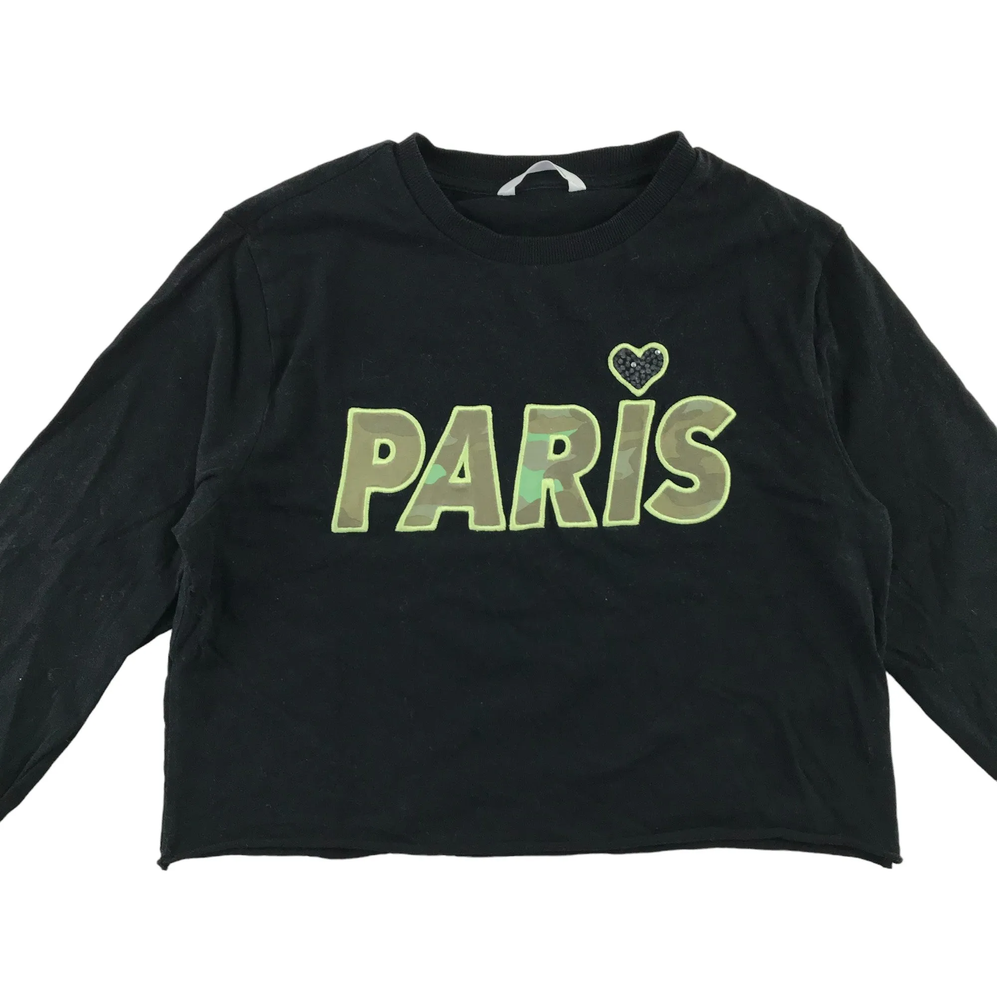 M&S t-shirt 10-11 years black long sleeve cropped camo Paris text cotton