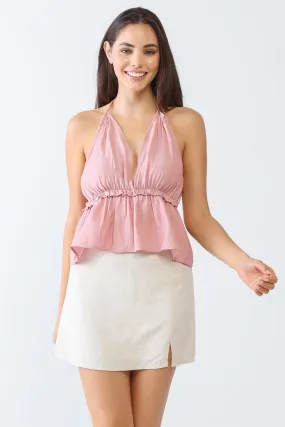 Mauve V-Neck Sleeveless Flare Hem Crop Top