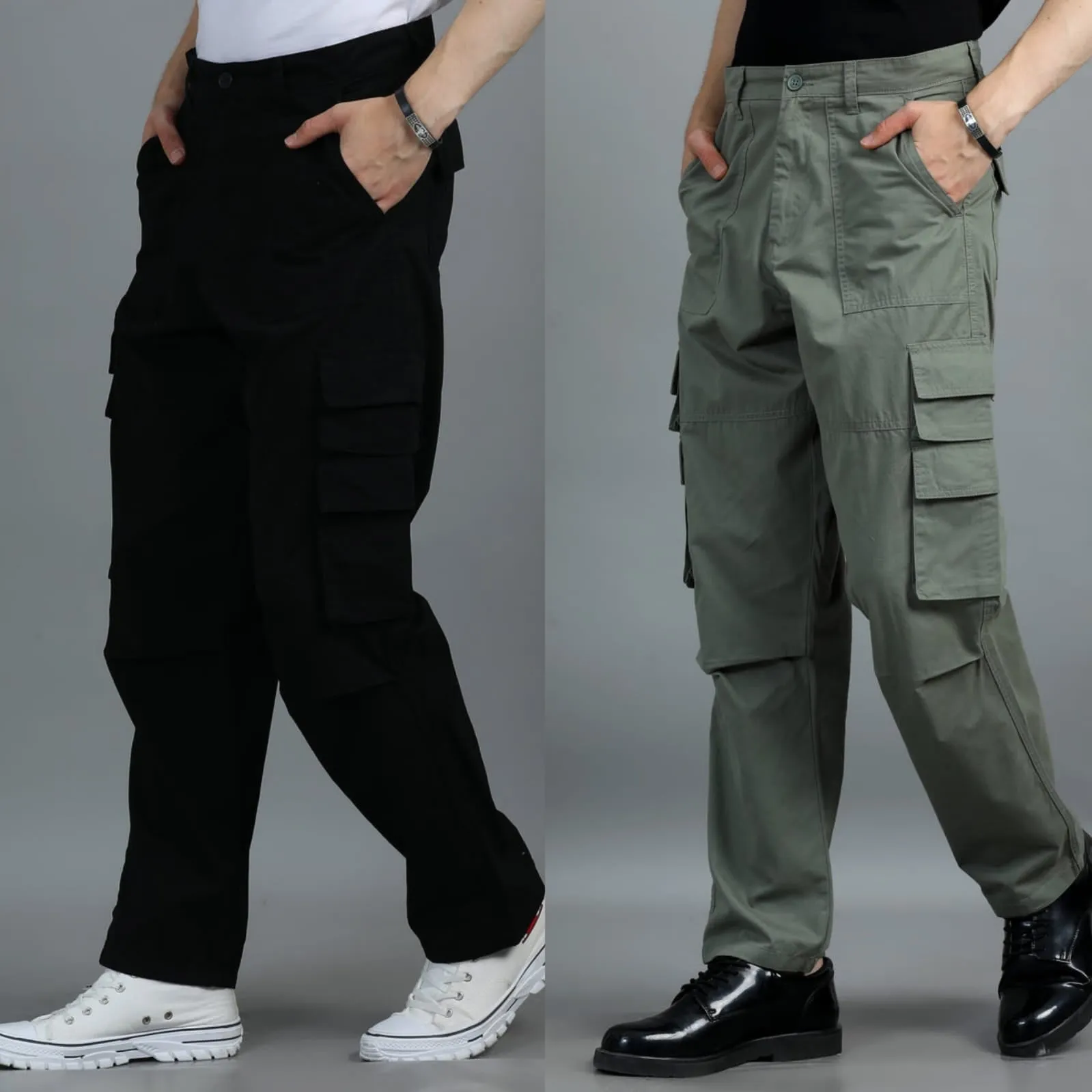 Men 2 Cotton Relaxed Fit Cargo Trousers, Black Moss Green