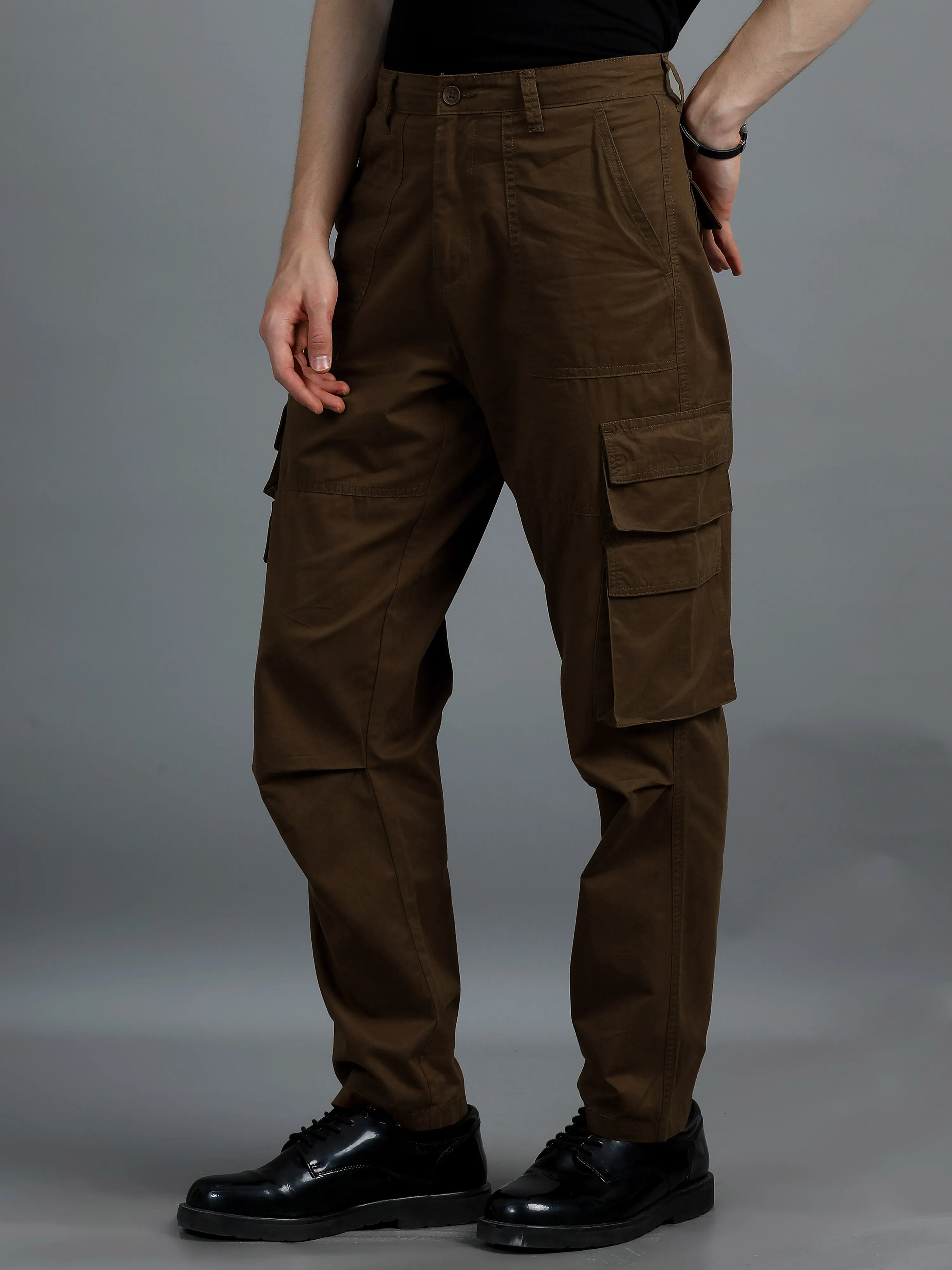 Men 2 Cotton Relaxed Fit Cargo Trousers, Brown khakhi