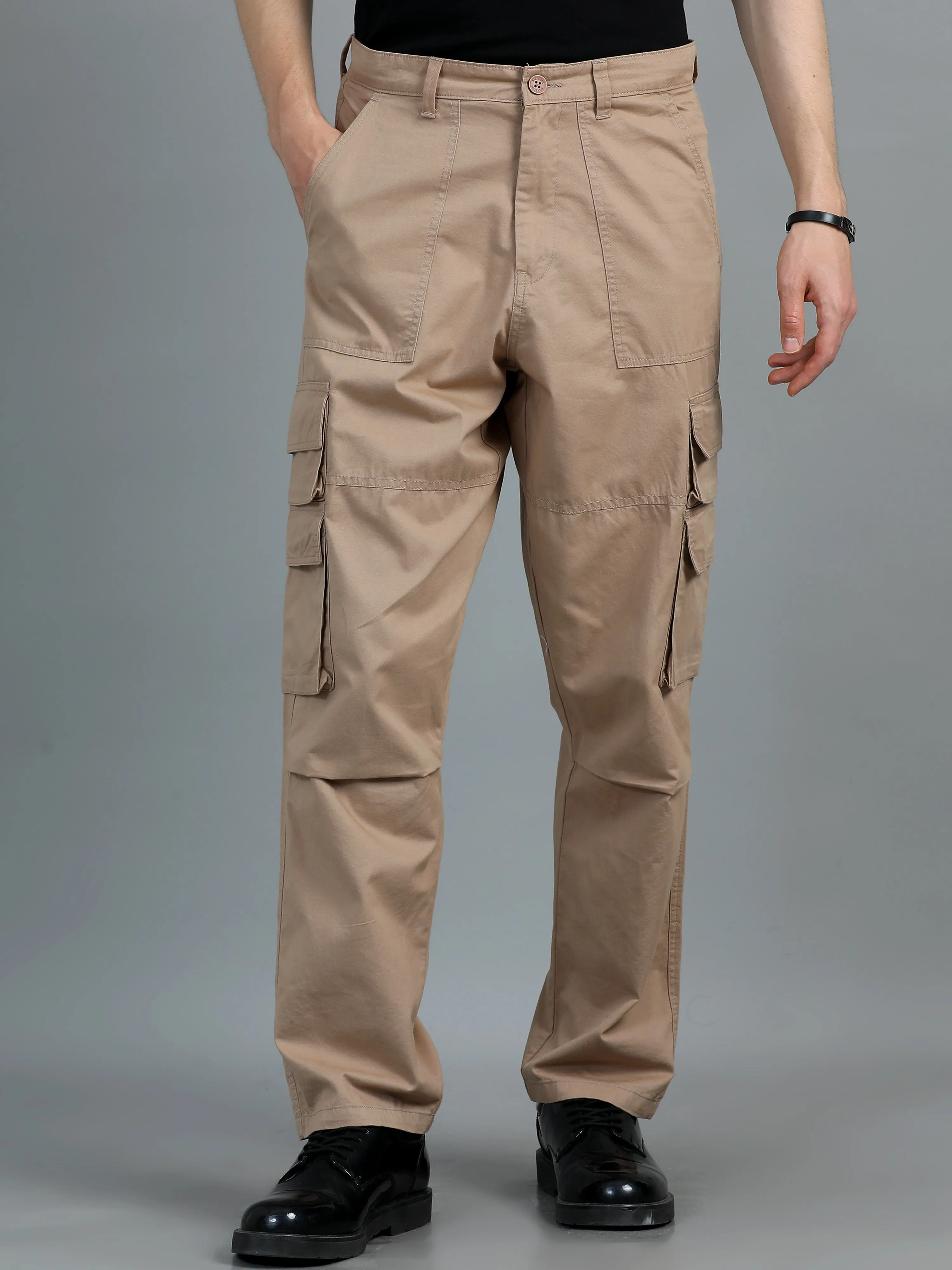 Men 2 Cotton Relaxed Fit Cargo Trousers, Brown khakhi